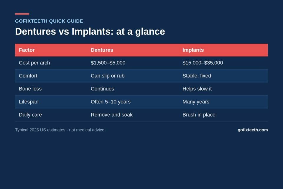 Dentures vs Implants at a glance