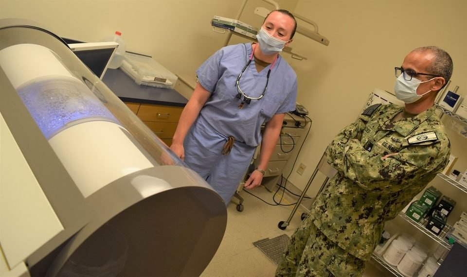 Dental team with a panoramic imaging machine used to plan full-mouth implants