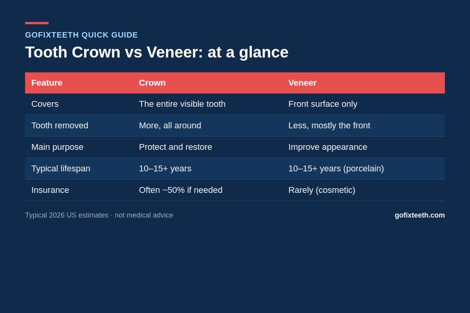 Tooth Crown vs Veneer at a glance