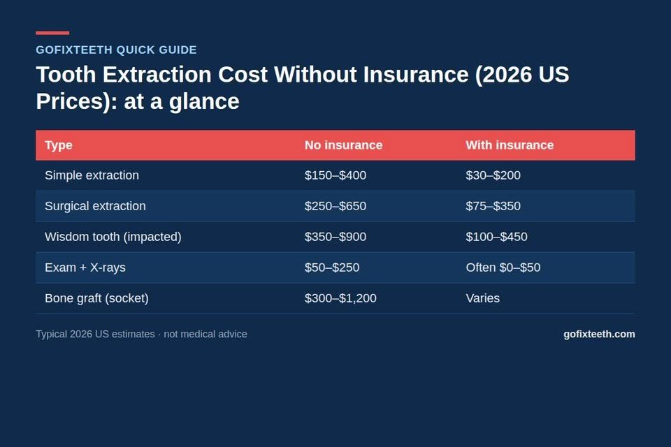Tooth Extraction Cost Without Insurance (2026 US Prices) at a glance